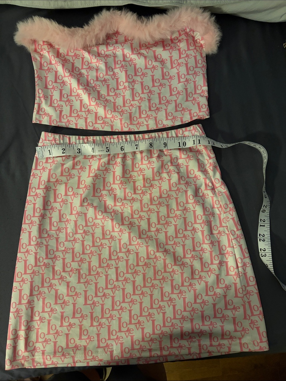 Pink 'Love' SHEIN Print barbiecore Mini Skirt  and furry pink  bandeau